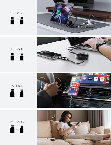 LISEN 5-in-1 Fast Charging Retractable Cable for iPhone, iPad, Samsung - 60W Charger with USB-C/A Ports for Phones, Tablets, Black - color: Black