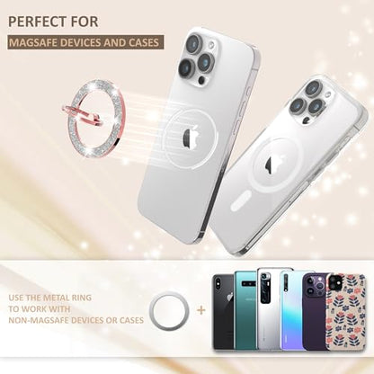 Pikabo Magnetic Phone Ring Holder for MagSafe, Glitter Phone Grip Stand - color: Glitter Rose Gold