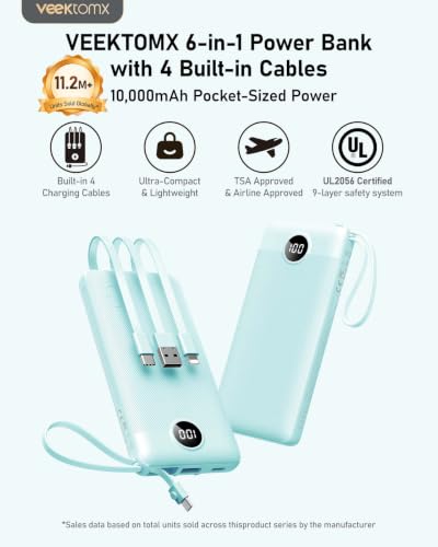 VEEKTOMX 10000mAh Portable Charger with Built-in Cables - color: 10000mAh Blue