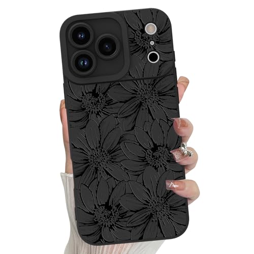MZELQ for iPhone 17 Pro Case 2025 Sunflowers Floral Pattern -Black | Silicone Flowers Cute, Camera Protection Slim Soft Phone Cover for Girls Women - color: Black-Sunflower, size: iPhone 17 Pro