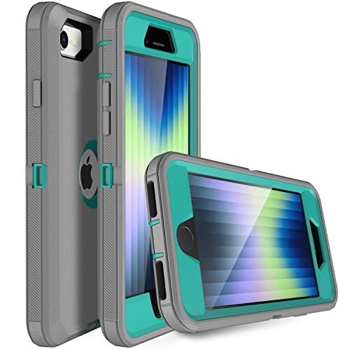 MXX Designed for iPhone SE Case 2020/2022 Heavy Duty Protective Case with Screen Protector [3 Layers] Rugged Rubber Protection Cover & Rotating 360 Degree Belt Clip SE 3rd/2nd Gen (Gray/Light Blue) - color: Gray/Light Blue