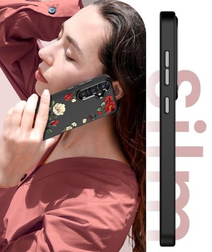 Crystal Clear Flower Pattern Case for Samsung Galaxy S26 FE-Black | Girl Women Slim Soft TPU + Hard PC Military Grade Protective Phone Cover WithTempered Glass Screen Protector for S26 FE - color: S26 FE-Black