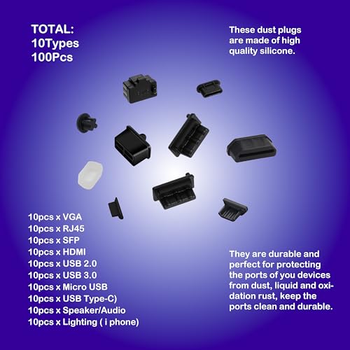 Silicone Anti Dust Cover Plug Kit, 10 Sizes, 100 Pcs, Black - size: 10Sizes