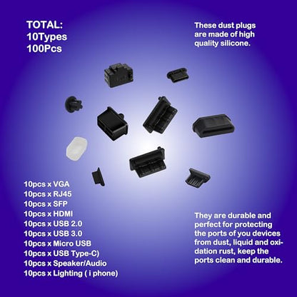 Silicone Anti Dust Cover Plug Kit, 10 Sizes, 100 Pcs, Black - size: 10Sizes