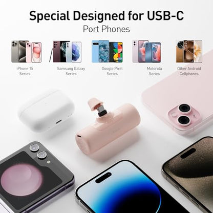 iWALK 4,500mAh USB-C Portable Charger, Power Bank with Built-in Connector, Phone Battery Pack, Compatible with iPhone 18/17/16/15 Series, Samsung Galaxy S24/S23/S22 and Android Phones, Pink - color: Pink