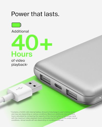 Belkin 10000mAh 15W 3 Port Power Bank, USB A to USB C Cable Included | Fast Charging, iPhone 17, Samsung Galaxy, Pixel, Airpods, iPad, Nintendo Switch 2, Battery Pack, USB C Port, USB A Port - color: Silver