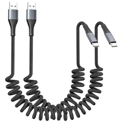 FOXSEA USB A to USB C Cable Coiled & Braided for iPhone 17/16/15 (1-3ft) - color: Black-2Pack