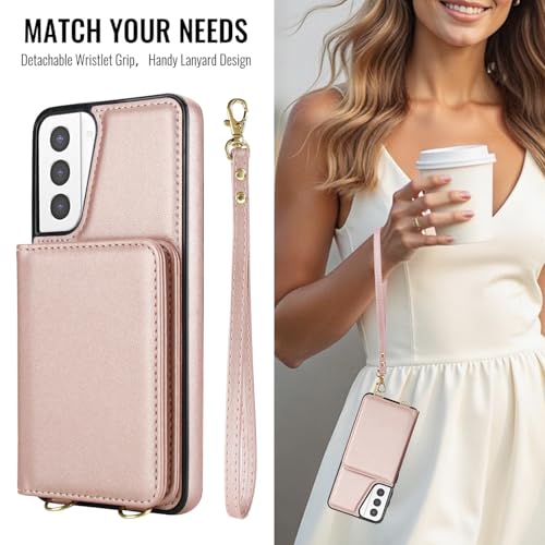 Phone Case for Samsung Galaxy S21 Plus S21+ 5G Wallet Cell Cover with Tempered Glass Screen Protector Wrist Strap RFID Blocking Credit Card Holder S21+5G S21plus 21S + S 21 21+ G5 Women Men Rose Gold - color: Rose Gold