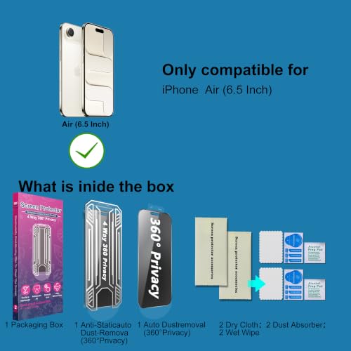 [2 Pack 4 Way Privacy Screen Protector for iPhone 17 Air, Anti-Spy Tempered Glass, 9H Hardness Shatterproof, 3D Curved Edges, Case-Friendly, Bubble-Free Easy Installation - size: for 17 Air