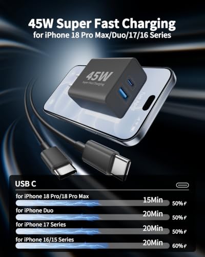 iPhone 18 Pro/18 Pro Max/Duo/18/17/16 Charger, 2Pack 45W Fast USB C Charger - color: Black, size: 10FT