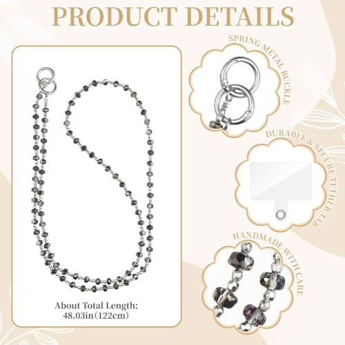 WOZEAH Crystal Cell Phone Lanyard Crossbody Strap for Women, Beaded Phone Strap for Cellphone Case with Tether Tab - color: Grey Square Crystal