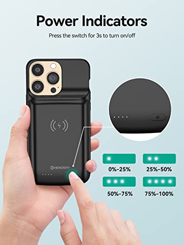 NEWDERY Battery Case for iPhone 14 Pro/14/13/13 Pro, 10000mAh Charger Case | Qi Wireless Charging & Wired Earphone & Sync-Data Supported, Portable Extended Battery Pack with Led Indicators