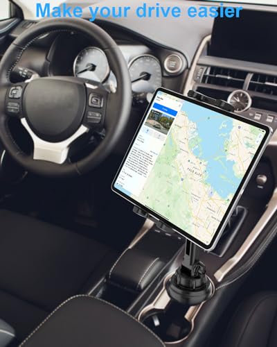 Cup Holder Tablet Mount for Car, iPad Cup Holder Mount for Truck with Adjustable Arm, Car Cup Tablet Holder for iPad Pro 12.9, Air, Mini, iPhone, Galaxy Tab/Z Fold, 4.7-13" Tablets