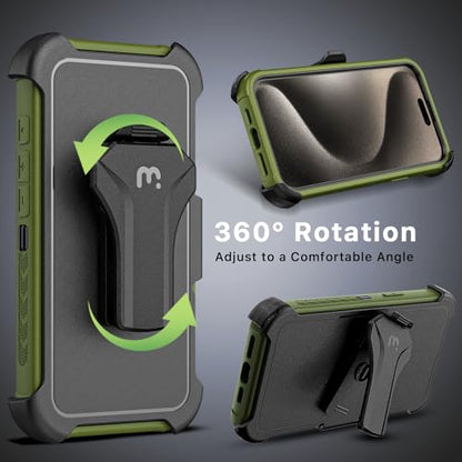 M MYBAT PRO Maverick Series for iPhone 15 Pro Max Case with Belt Clip Holster,[Compatible with Magsafe] w/Screen Protector, Anti-Drop,Shockproof,with 360°Rotating Kickstand,Heavy Duty Protection - color: Army Green