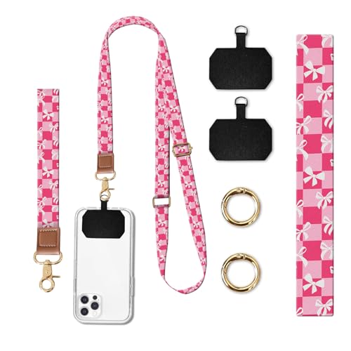Phone Lanyard Crossbody Wrist Strap, Universal Adjustable Neck Strap for Phone Case Keys ID Badges - color: Pink Checkered Bowtie