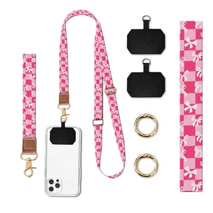 Phone Lanyard Crossbody Wrist Strap, Universal Adjustable Neck Strap for Phone Case Keys ID Badges - color: Pink Checkered Bowtie