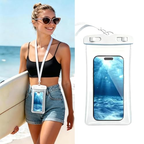 Waterproof Phone Pouch,Underwater IPX8 Phone Case for iPhone 17/16 Pro Max | Phone Dry Bag for Beach Playing &Swimming,Snorkel,Skiing,Surfing Cruise Essentials,Touch Screen with Lanyard(Fits Up to 7.2") - color: White