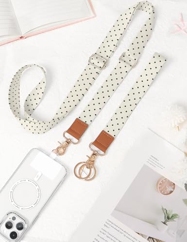 Phone Lanyard Crossbody Strap, Adjustable Neck Strap and Wristlet Strap for Phone Wallet ID Badge with 2 Phone Tabs - color: Beige Polka Dots