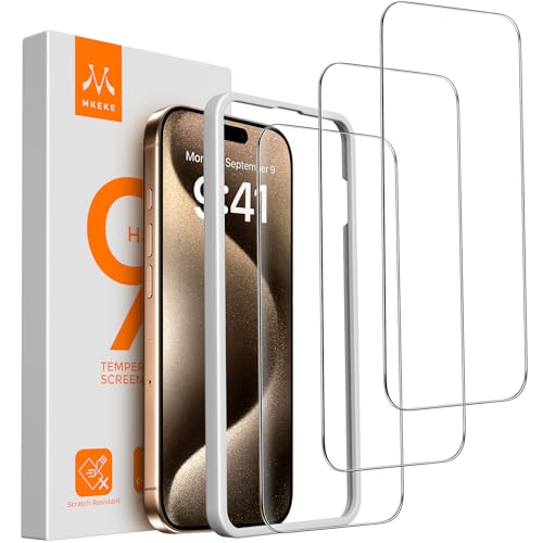 Mkeke Screen Protector for iPhone 15 Pro, 3 Pack 9H+ Tempered Glass | Military-Grade Drop Protection [Sensitive Touch] [Easy Installation Frame] [HD Clear] Bubble-Free for 6.1 inch - size: for iPhone 15 Pro 6.1"