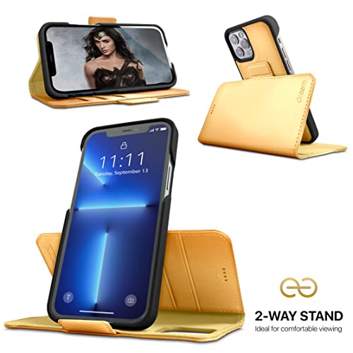 Dreem Vegan Leather Magnetic Detachable Wallet Case for iPhone 13 Pro Max | Built-in Phone Stand, RFID Blocking Card Holder Flip Cover, MagSafe Compatible, Gift Box [Fibonacci: Gold] - color: Gold, size: iPhone 13 Pro Max
