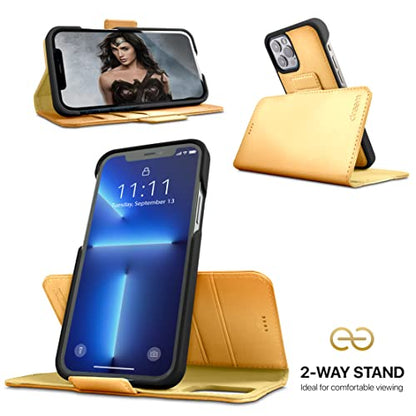Dreem Vegan Leather Magnetic Detachable Wallet Case for iPhone 13 Pro Max | Built-in Phone Stand, RFID Blocking Card Holder Flip Cover, MagSafe Compatible, Gift Box [Fibonacci: Gold] - color: Gold, size: iPhone 13 Pro Max