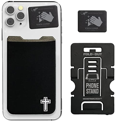 Phone Wallet - Adhesive Card Holder - Cell Phone Pouch - Stick on Lycra Pocket by Gecko - Carry Credit Cards and Cash - color: CROSS BLACK
