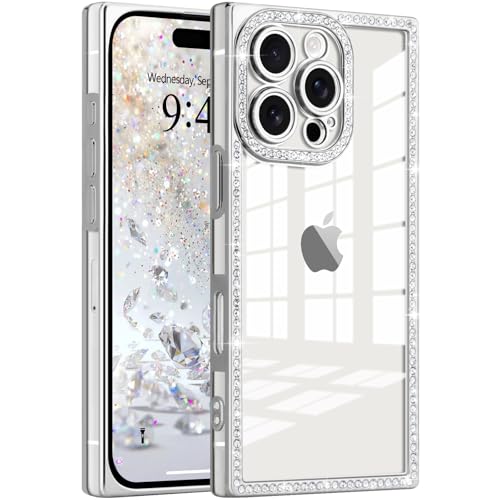 Clear Glitter Phone Case for iPhone 16 Pro Max Luxury Bling Diamond | Sparkly Rhinestones Soft TPU Plating Rectangle Edge Camera Protection Transparent Shockproof Cover for Women Girls, Silver - color: Silver, size: iPhone 16 Pro Max