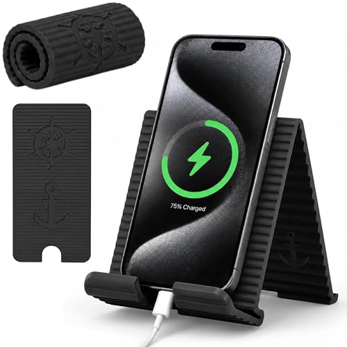 Silicone Phone Stand, Foldable Holder with Cable Cutout, Aluminum Core - color: Black