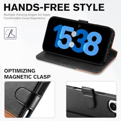 TUCCH Wallet Case for iPhone 17 (6.3") 2025, Flip Stand, Black & Brown | RFID Blocking, 4 Card Holders, Kickstand, PU Leather, Shockproof TPU Shell, Magnetic Closure, Protective Folio Cover - color: Two-tone Black & Brown