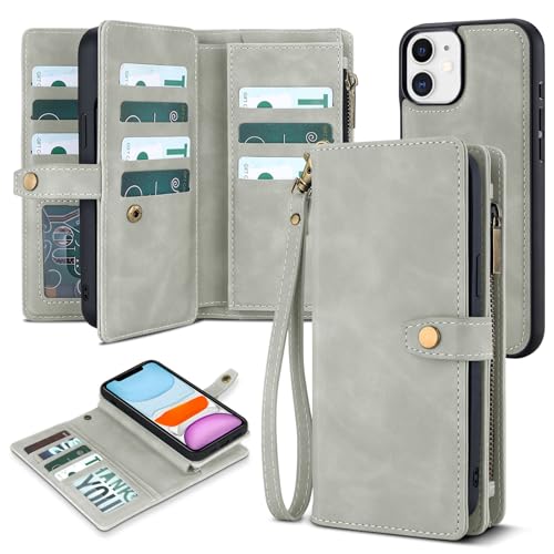 TwoHead for iPhone 11 Wallet case with 11 Card Holder (Gray) | Detachable Magnetic Phone Case, PU Leather Wallet for Women/Men,Wireless Charging Compatible,with Wrist Strap - color: Gray