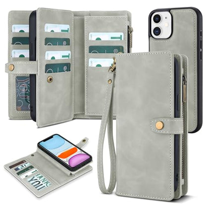 TwoHead for iPhone 11 Wallet case with 11 Card Holder (Gray) | Detachable Magnetic Phone Case, PU Leather Wallet for Women/Men,Wireless Charging Compatible,with Wrist Strap - color: Gray