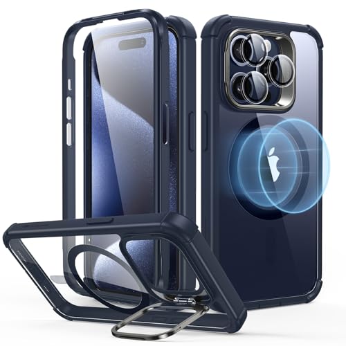 ESR for iPhone 15 Case with Stand, Compatible with MagSafe, Full-Body Military-Grade Drop Proof Case with Built-in 9H+ Tempered Glass Screen Protector, Armor Series, Clear Dark Blue - color: Clear Dark Blue