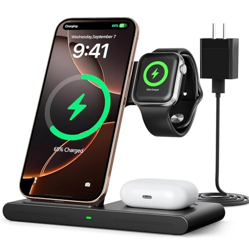2025 Wireless Charger for iPhone Charging Station,3 in 1 Fast Max Charging for iPhone 16 15 14 13 12 Pro Max Plus,Charger Stand for Apple Watch Series & Air pods 4 3 2 Pro,Android Samsung Series
