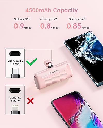 Kuulaa Portable Charger USB C with Built-in USB-C Plug, 4500mAh Mini Power Bank Small Battery Pack for iPhone 15/16,Samsung S22/S23 & Android (Pink) - color: Pack of 1 Pink