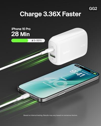 Belkin 42W Dual Port Charger Block, USB-C + USB-A Fast Charging - color: White