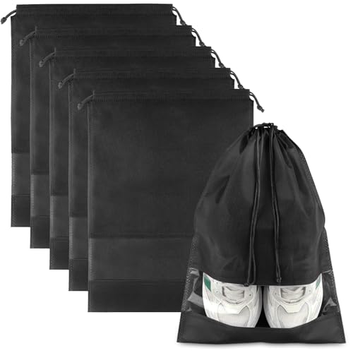 Black Travel Shoe Bags - 5 Pcs Non-Woven Packing Bags with Clear Window | 15.7" x 11.8" Waterproof Dustproof Portable Travel Shoe Storage Bag for Men and Women - color: Black, style: 5 Pack