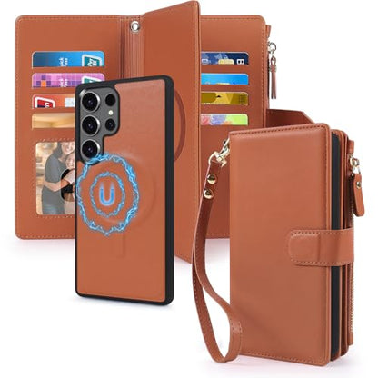 Magnetic Case for Samsung Galaxy S25 Fe Wallet Compatible with Magsafe RFID Blocking Card Holder Detachable Phone Cover Kickstand Snap Strap Zipper Pocket PU Leather (Brown) - color: Brown, size: Galaxy S25 Fe