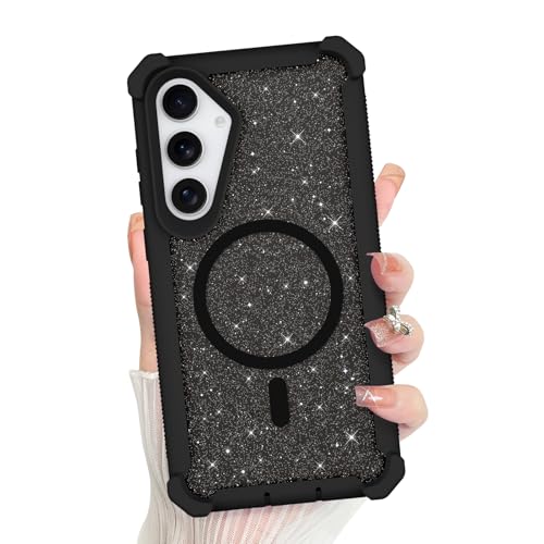 Bonoma for Samsung Galaxy S25 Case Bling Crystal Corner -Black | Magnetic Compatible with Magsafe Sparkly Glitter Back Design and High-Duty Protection Shockproof Phone Cover for Girls Women - color: Black-Corner Protection, size: Samsung Galaxy S25