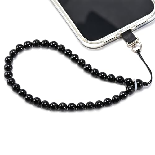 Agate Beaded Phone Wrist Strap for Women Men Stone Beads Charm Handmade Cellphone Chain Lanyard with Tether Tab - color: Black-2, size: 8mm Beads