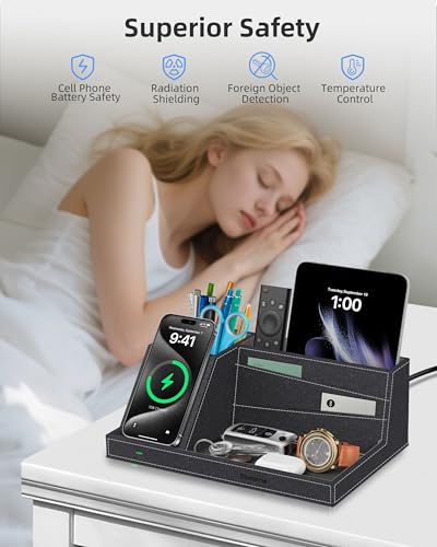 Wireless Charger with Desk Organizer, Fast Charging Station - color: Black-Cross Pattern