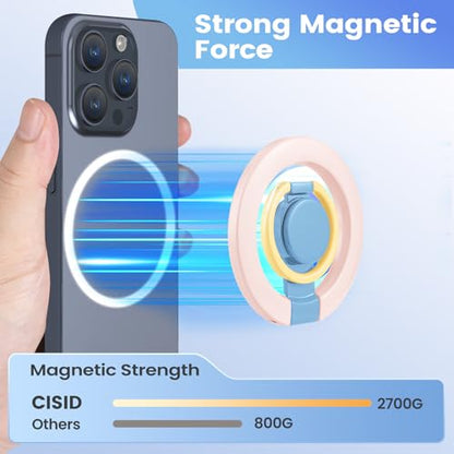 Magnetic Phone Ring Holder with Metal Ring Sticker, Long Grip as Hook, Cell Phone Grip for Hand Removable Finger Holder Compatible for MagSafe Sticker iPhone 17/16/15/14/13/12 Series, Pink - color: Pink with Blue Center
