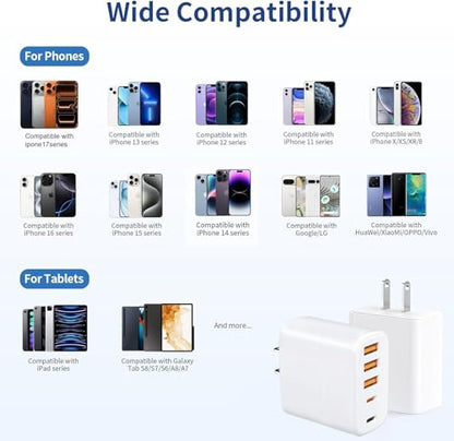 60W Multi-Port USB-C Charger with Cables (4FT + 6FT), 5-Port Wall Plug Power Adapter Compatible with iPhone 17/16/15 Series, iPad, Samsung S25/S24, Headphones, smartwatches, and More