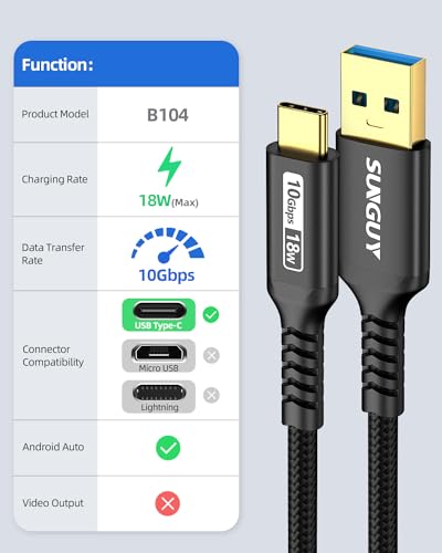 SUNGUY 10Gbps 6 inch/0.5FT Android Auto USB Cable, 3A USB C 3.1 Gen2 Cable Data Transfer, USB C CarPlay Cable Fast Charging Compatible with iPhone 17/16/15 Series, Samsung Galaxy S25 S24 Ultra, Pixel - color: Black, size: 0.5FT