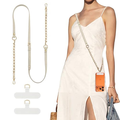 TiMOVO 2-in-1 Phone Lanyard Crossbody, Adjustable Phone Strap for Most Smartphones, PU Strap Combo with Metal Chain for Women - color: White