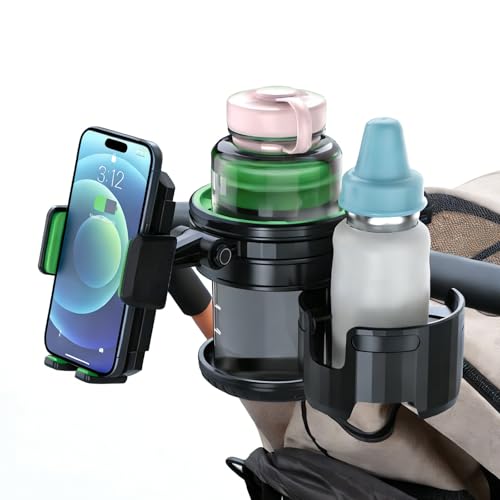 3-in-1 Stroller Cup Phone Holder Attachment, Cup Holder with Phone Mount for Walker, Wheelchair, Stroller, Universal Double Cup Holder Fits Most Donna, Uppababy, Bugaboo, Anti-Slip & Easy Install