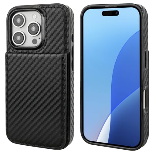 KIHUWEY for iPhone 16 Pro Wallet Case Card Holder Kickstand, Carbon Black | Credit Card Slots, PU Leather, Magnetic Clasp, Flip Heavy Duty Protection Cover for Men and Women - color: Carbon Black