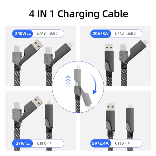 4 in 1 Charging Cable Fast Charging 240W MAX with E-Mark Chip, Carplay - color: Dark Black&White, size: 4FT 1Pack