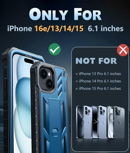 FNTCASE for iPhone 15/14/13 Case, Built-in Screen Protector, Kickstand Blue | 20FT Military-Grade Drop Protection, Anti-Slip Matte Textured, Rugged Heavy Duty Shockproof Protective Phone Cover, Blue - color: Blue