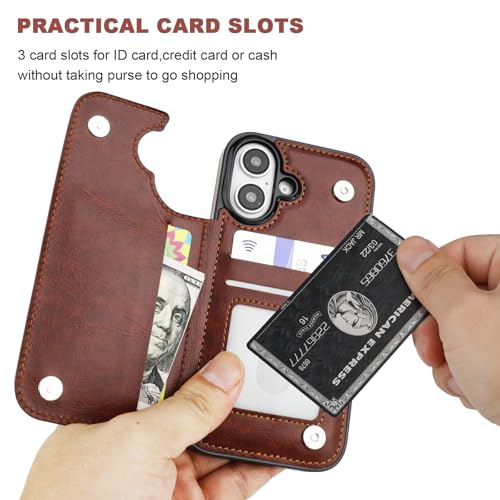 ONETOP for iPhone 16 Wallet Case with Credit Card Holder,Brown | Kickstand,ID/Cash Holder,Case Wallet with Card Slots,Double Magnetic Clasp,Durable PU Leather Shockproof Cover for Women Men - color: Brown