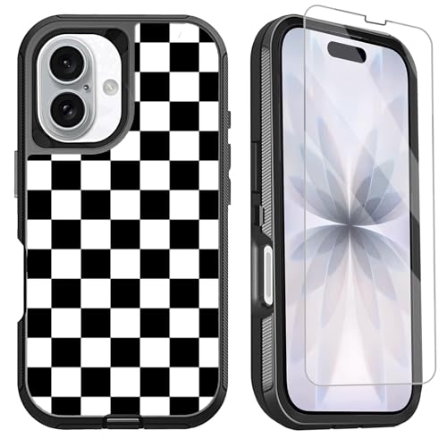for iPhone 17 Case with Screen Protector Black and White Checkered Design, 3-Layer Rugged Heavy Duty Shockproof Protective Trend Phone Case for iPhone 17 Men Women - color: Gray
